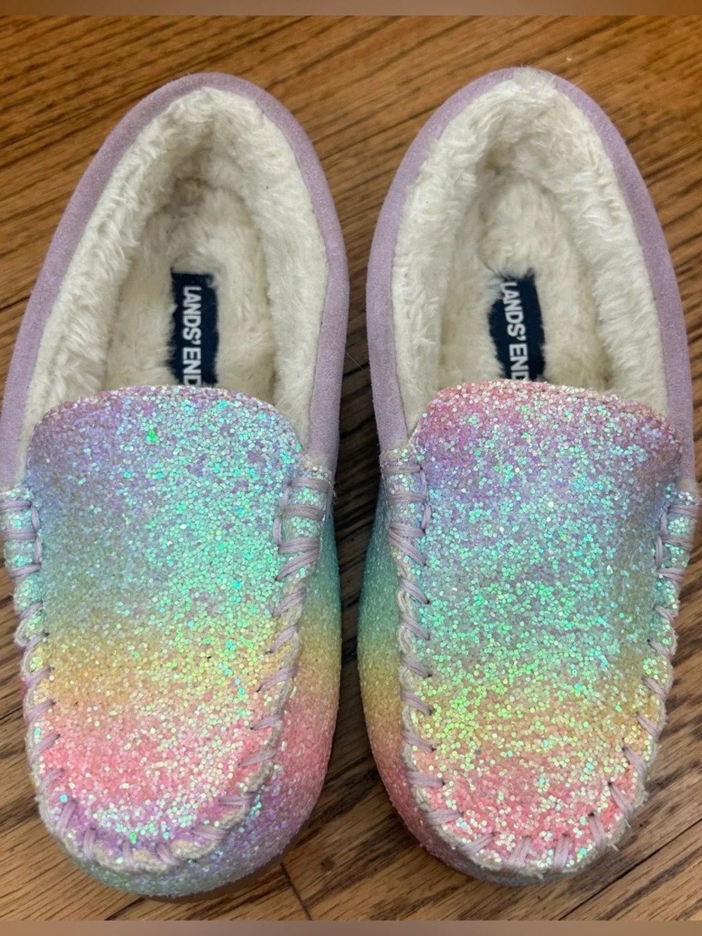 LAND’S END Kid’s Fuzzy Lined Rainbow Shimmer Moccasin Slippers Size 13